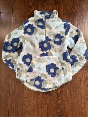 Plush Floral Sherpa Pullover Mockneck - Blue Floral